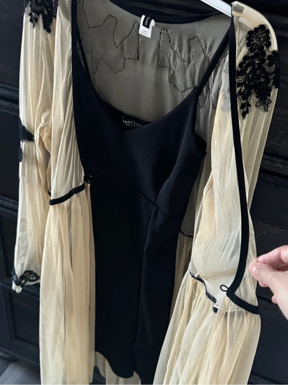 Nasty Gal Black Slip Dress with Cream Embroidered Sheer Duster - Picture 3 of 10
